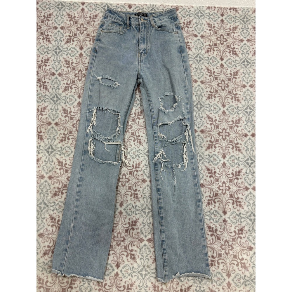 PrettyLittleThing Long Leg Straight Distressed Jeans Light Wash US 0 1